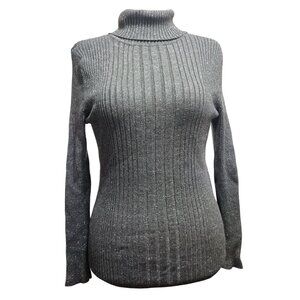 212 Collection L Womens Gray Sweater Turtleneck Ribbed Metallic Long Sleeve Knit